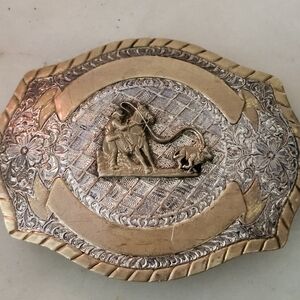 Vintage Award Design Medals Western Rodeo Brass & Silver Tone Belt Buckle